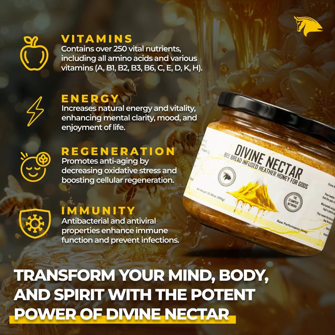 Divine Nectar Spartan Bee Bread Infused Heather Honey | Supercharged Performance, Recovery, and Vitality | 100% Raw and Pure