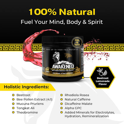 Awakened Natural Pre Workout Powder 12-in-1 | Conscious Energizer | Bee Pollen + N.O. Booster | Mucuna Pruriens, Tongkat Ali, Rhodiola, Alpha GPC & Trace Minerals | Spartan Bee Bread Brand, 40SV